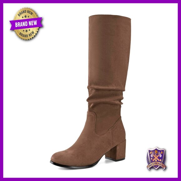 Knee High Boots Chunky Heel Pointed Toe Suede Slouch Side Zipper